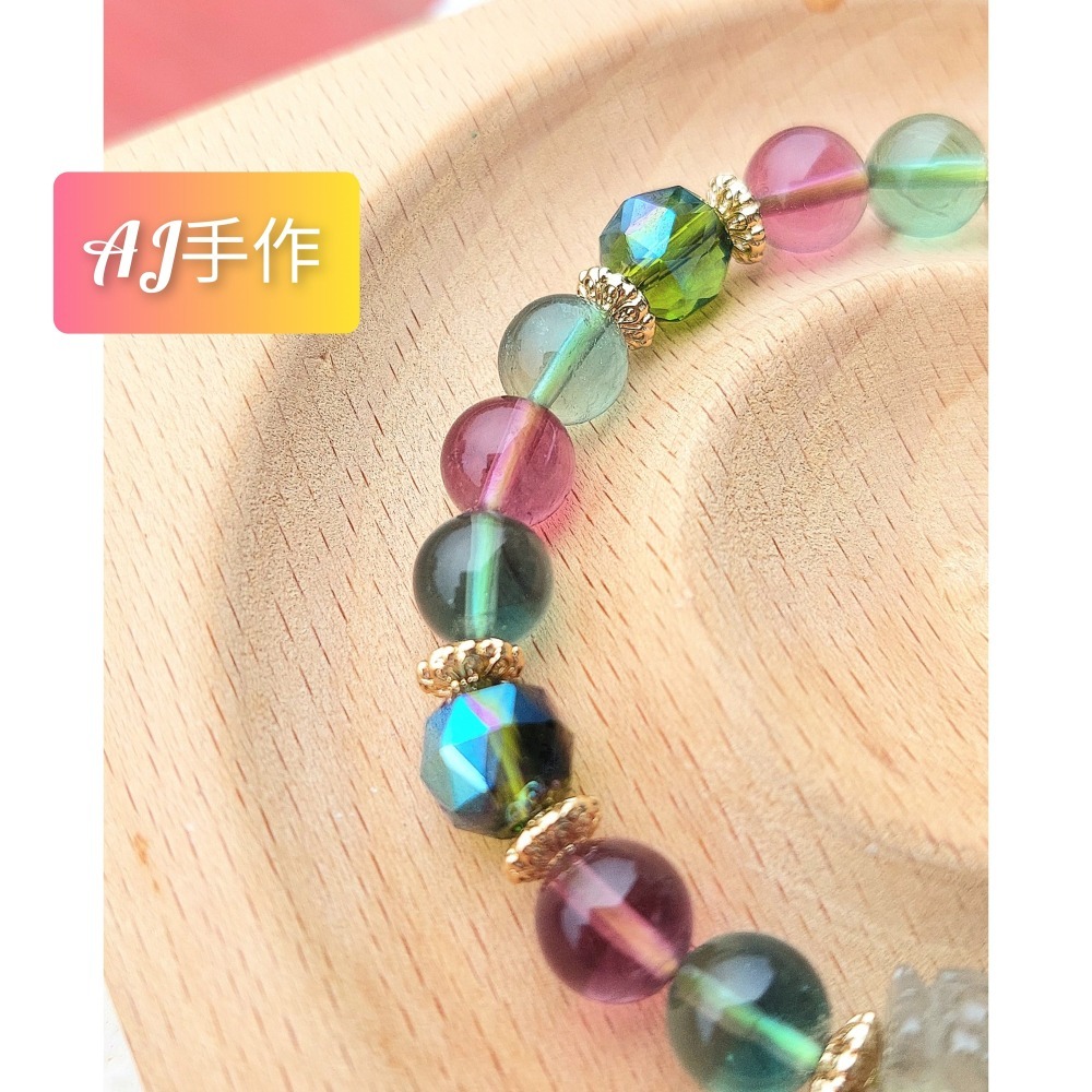 AJ手作❤️，💲【綠碧髮貔貅煥彩-主正財開智慧】 手圍15，綠碧髮貔貅 紫綠瑩石 奧地利水晶 保色14K金配件-細節圖6