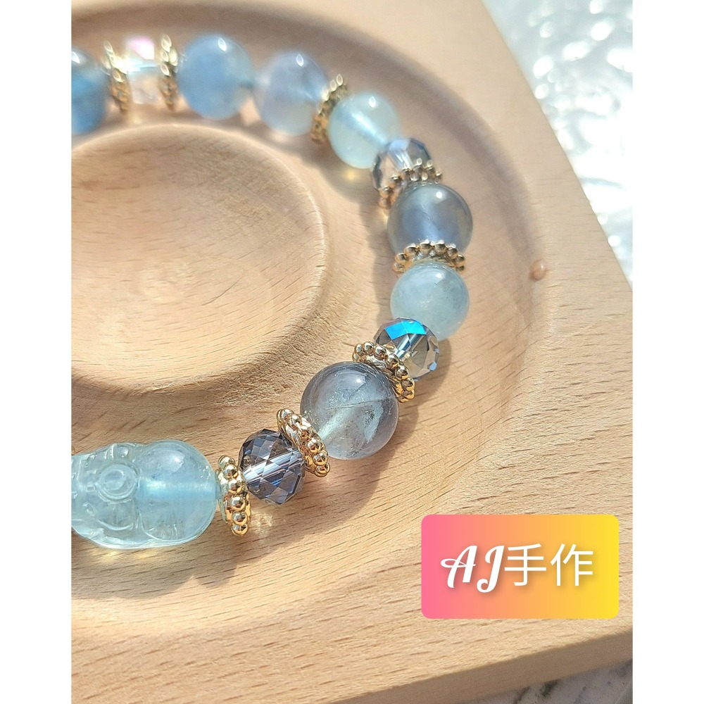 AJ手作❤️，💠【海藍寶貔貅-招財心靈淨化】 手圍15，海藍寶貔貅 海藍寶 藍綠瑩石 奧地利水晶 保色14K金配件-細節圖3