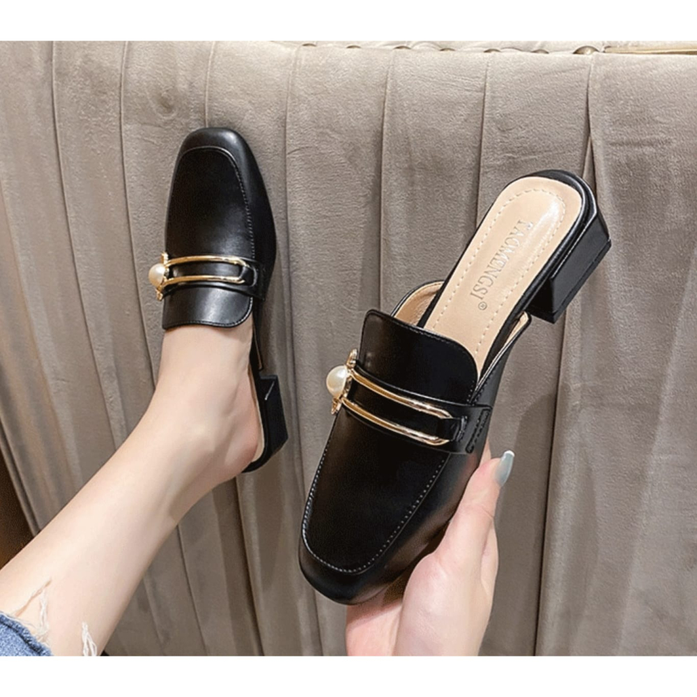 Chic珍珠穆勒半包拖鞋-黑41-細節圖5