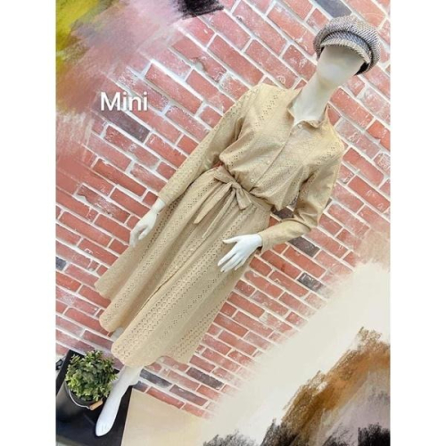 全新轉賣mini法式鏤空緹花襯衫式排釦燒花綁帶長洋裝-原價$1280