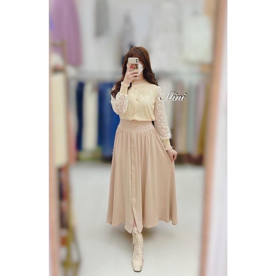 全新-珍珠釦袖拼蕾絲木耳領透膚針織上衣 杏色-細節圖2