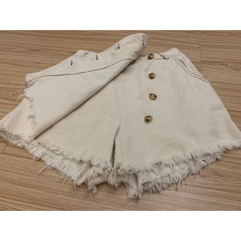 全新 韓版 斜紋布抽鬚邊排釦不規則短褲 褲裙-細節圖9