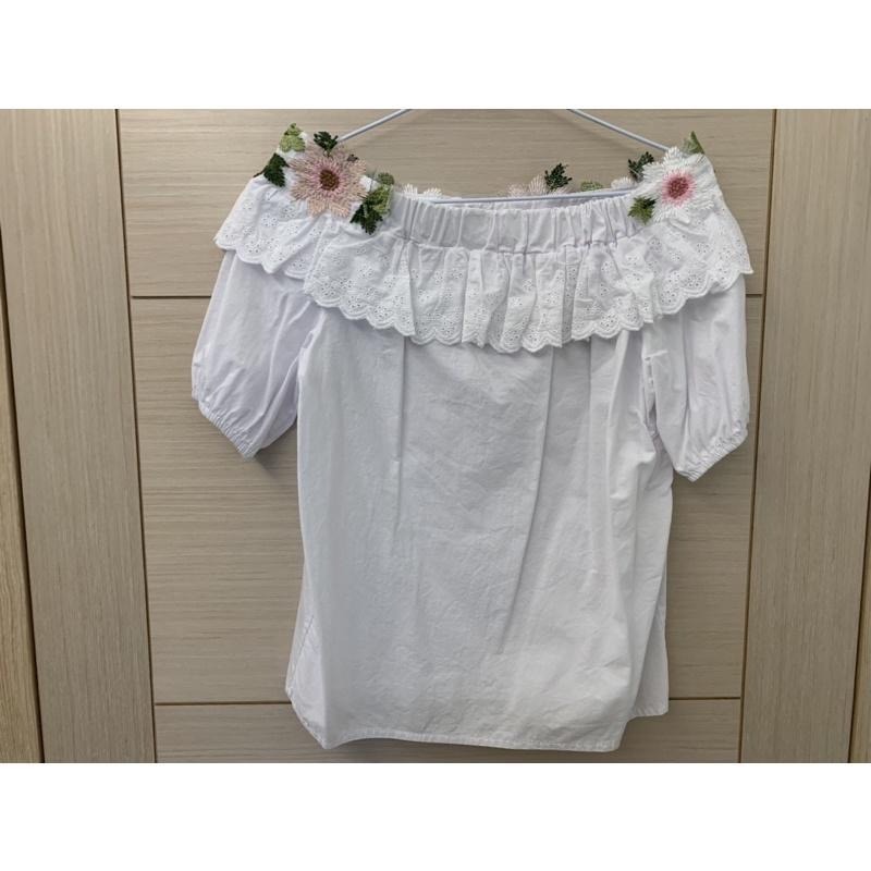 全新 布蕾絲緹花刺繡一字領上衣 原價$690-細節圖2