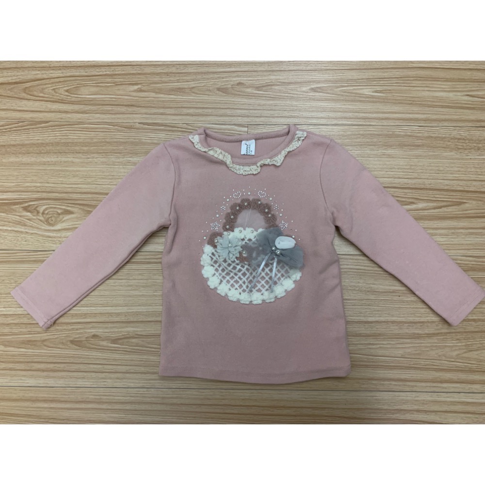 近全新 正韓 Pierrot 幼兒兒童女童 純棉彈力厚磅花籃蕾絲網紗上衣 約90cm 韓國童裝-細節圖2