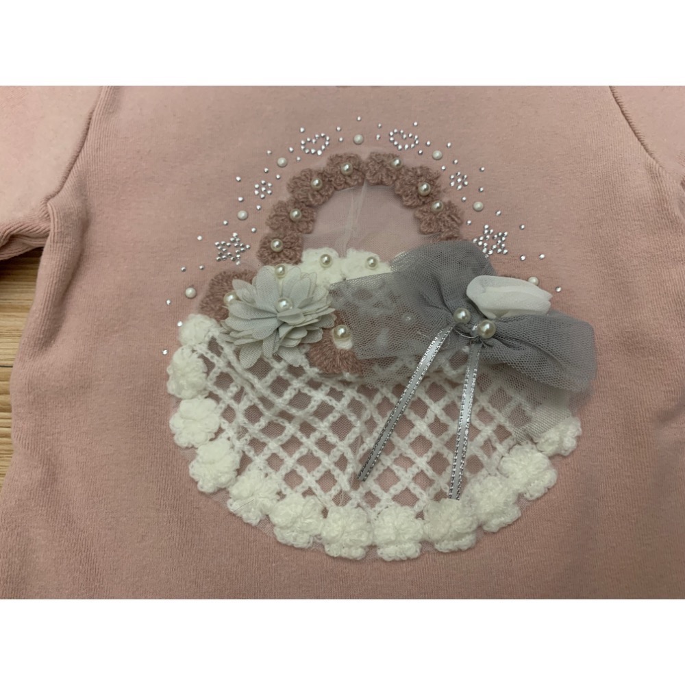 近全新 正韓 Pierrot 幼兒兒童女童 純棉彈力厚磅花籃蕾絲網紗上衣 約90cm 韓國童裝-細節圖3