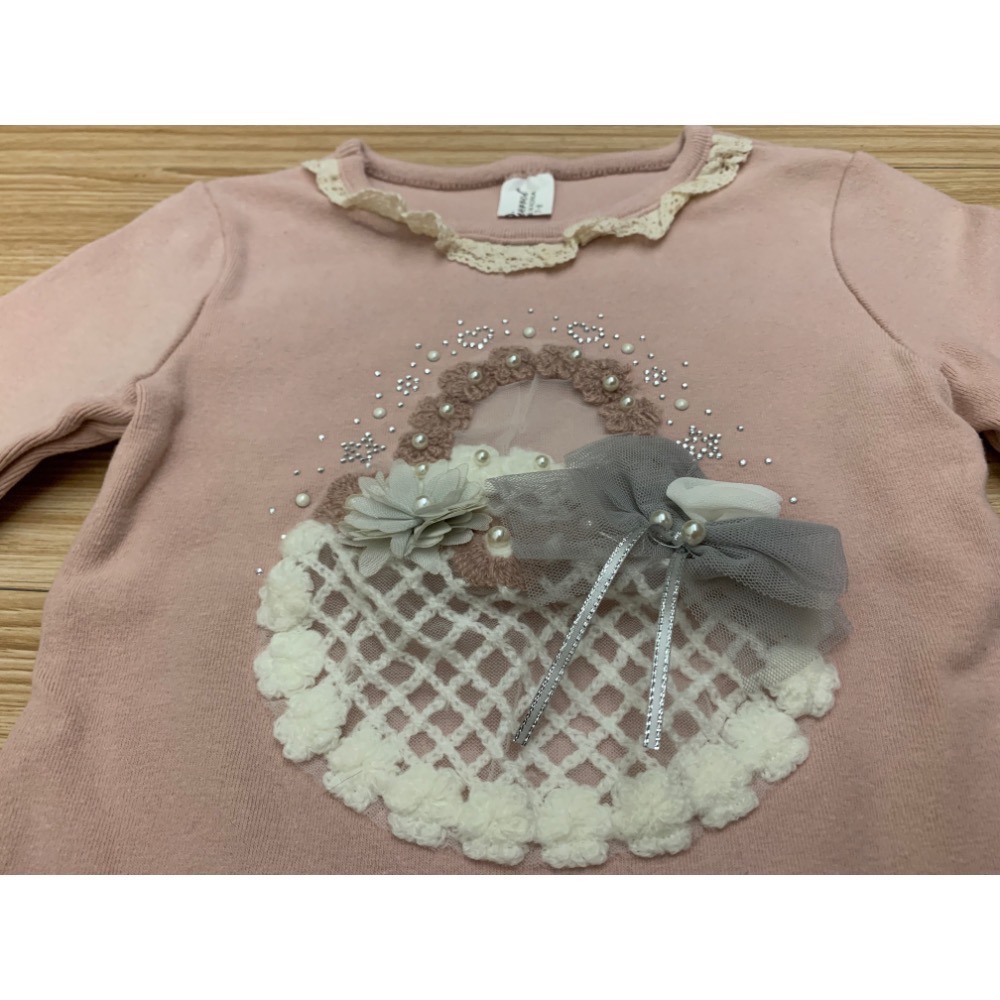 近全新 正韓 Pierrot 幼兒兒童女童 純棉彈力厚磅花籃蕾絲網紗上衣 約90cm 韓國童裝-細節圖4