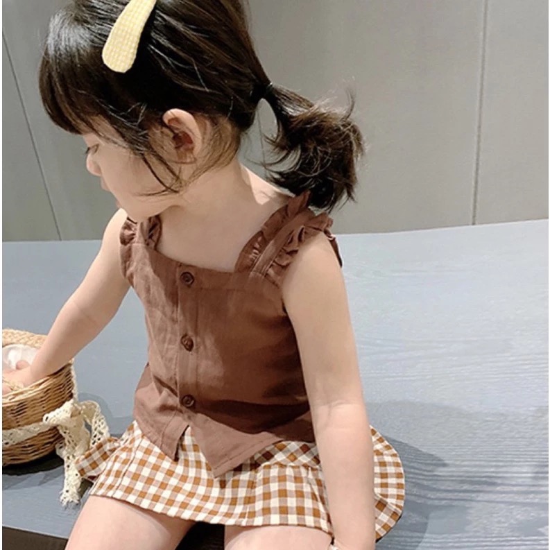 很新 二手保存良好 兒童幼兒女童 純色無袖釦子開襟背心上衣 + 格子荷葉裙 兩件式套裝 約90cm 童裝-細節圖6