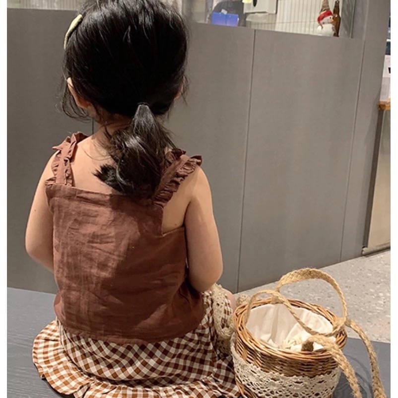 很新 二手保存良好 兒童幼兒女童 純色無袖釦子開襟背心上衣 + 格子荷葉裙 兩件式套裝 約90cm 童裝-細節圖8