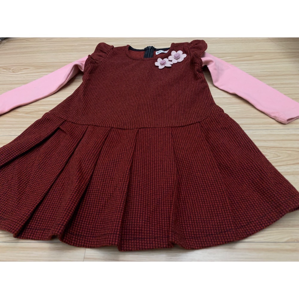 全新 女童兒童幼兒 假兩件立體小花學院風格紋百褶裙洋裝 連身裙 約90～100cm 童裝-細節圖2