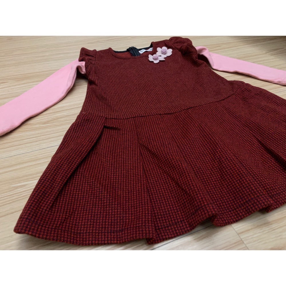 全新 女童兒童幼兒 假兩件立體小花學院風格紋百褶裙洋裝 連身裙 約90～100cm 童裝-細節圖3