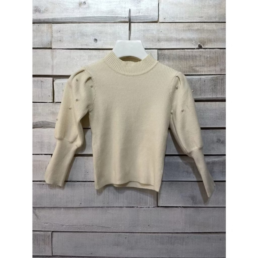 全新 香水娜娜 兒童女童幼兒珍珠蓬蓬袖坑條針織上衣 100cm 公主袖 童裝-細節圖2