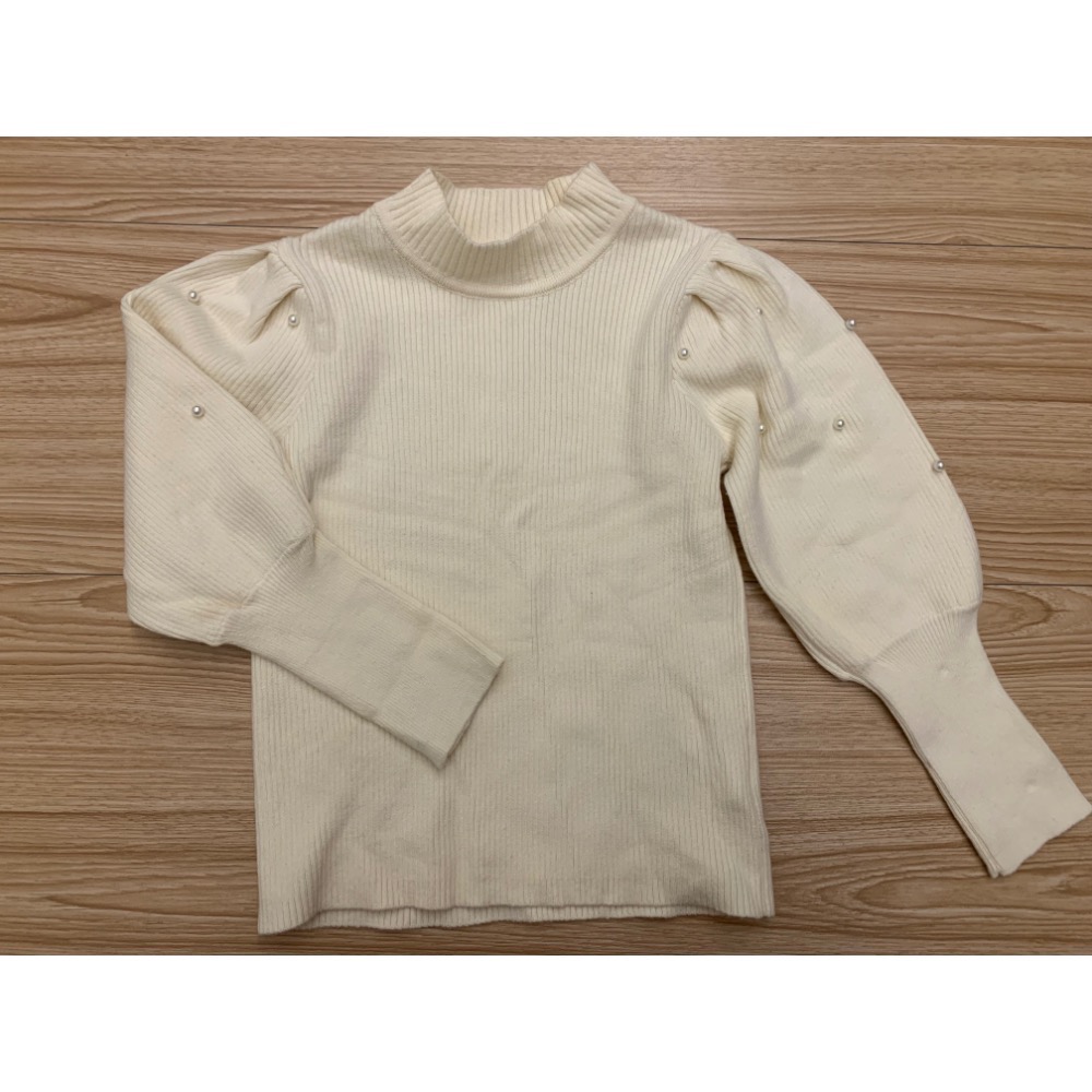 全新 香水娜娜 兒童女童幼兒珍珠蓬蓬袖坑條針織上衣 100cm 公主袖 童裝-細節圖8