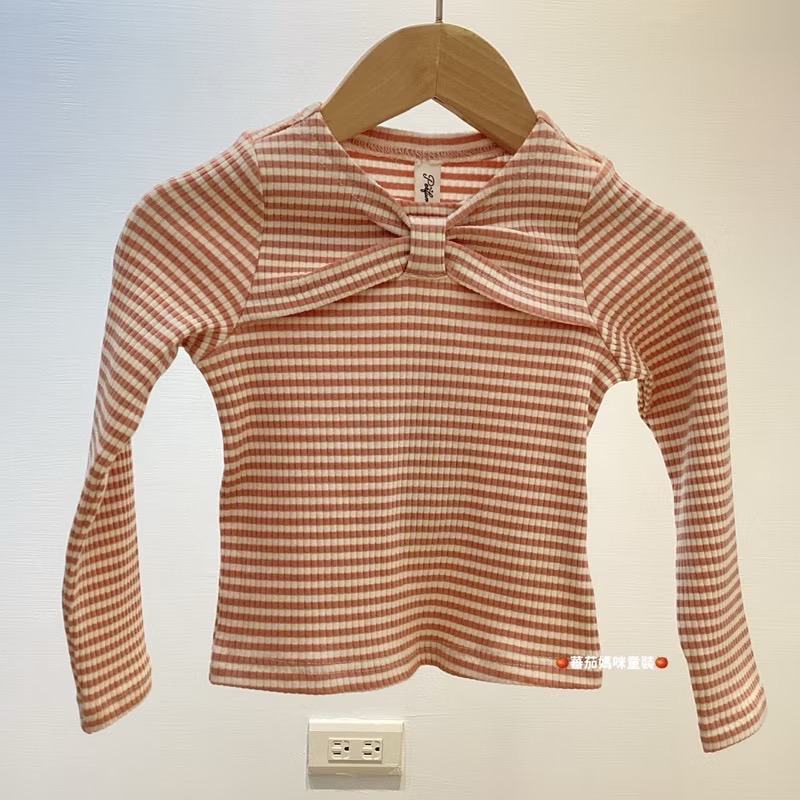 全新 香水娜娜 兒童女童幼兒蝴蝶結領坑條針織上衣 約100cm 原價$399 童裝-細節圖6