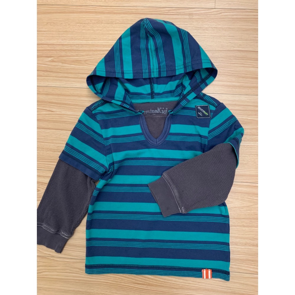 二手保存良好 OSHKOSH genuine kids 兒童男童幼兒假兩件條紋連帽上衣 帽T 3T 童裝-細節圖5