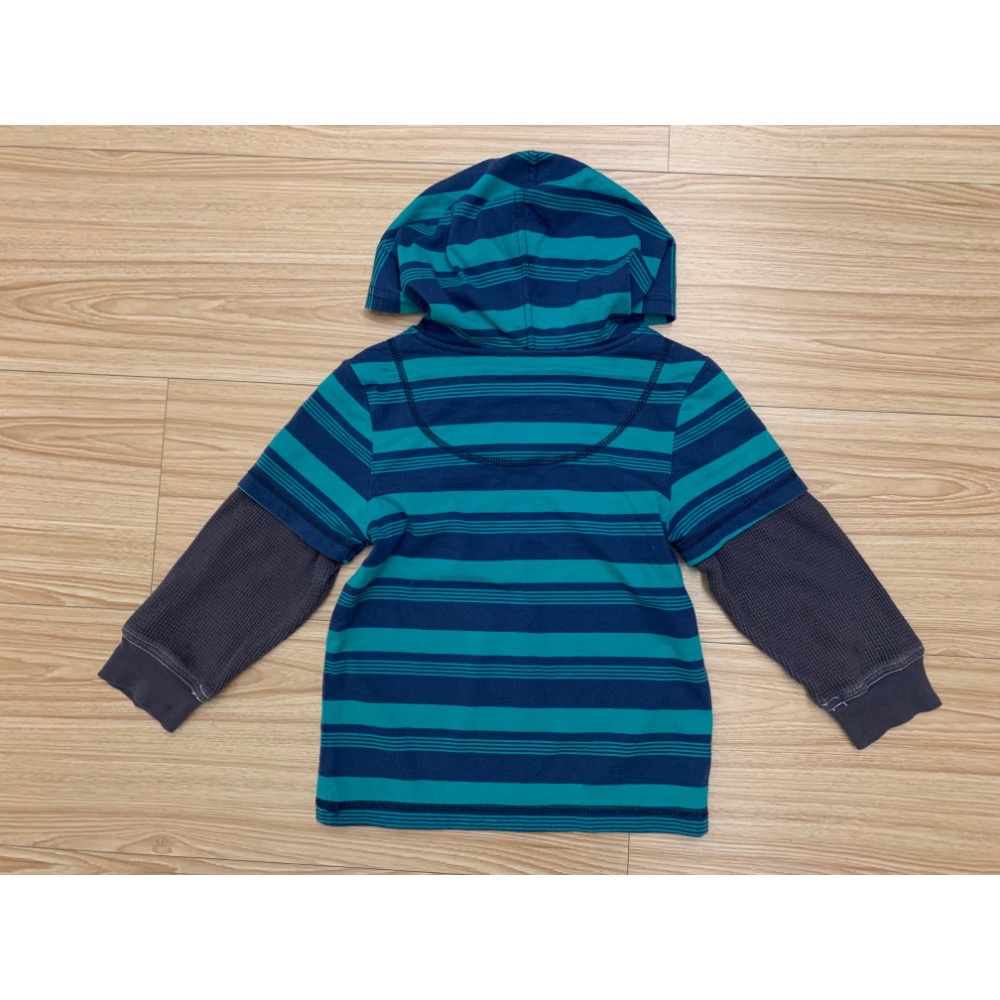 二手保存良好 OSHKOSH genuine kids 兒童男童幼兒假兩件條紋連帽上衣 帽T 3T 童裝-細節圖6