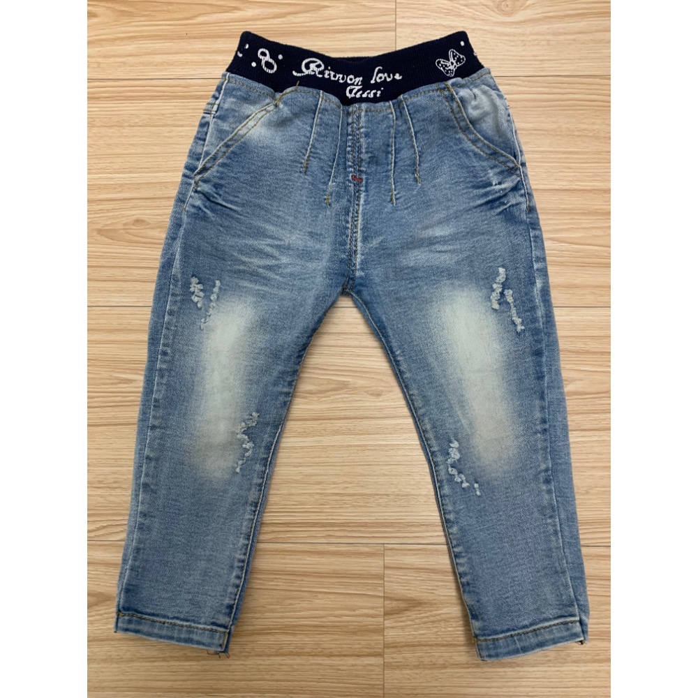 二手保存良好 兒童幼兒女童 刷色刷破蝴蝶結牛仔褲 約90cm 童裝-細節圖2