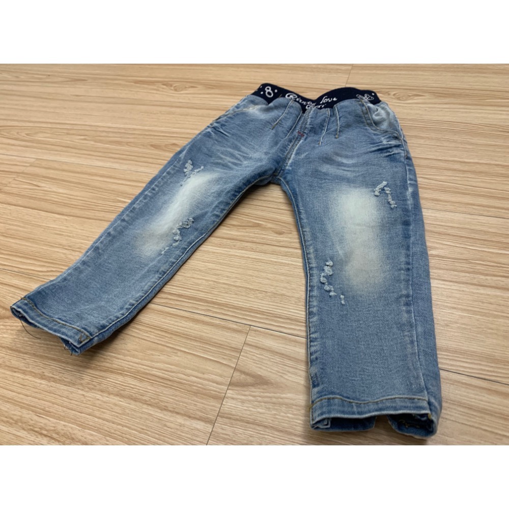 二手保存良好 兒童幼兒女童 刷色刷破蝴蝶結牛仔褲 約90cm 童裝-細節圖3