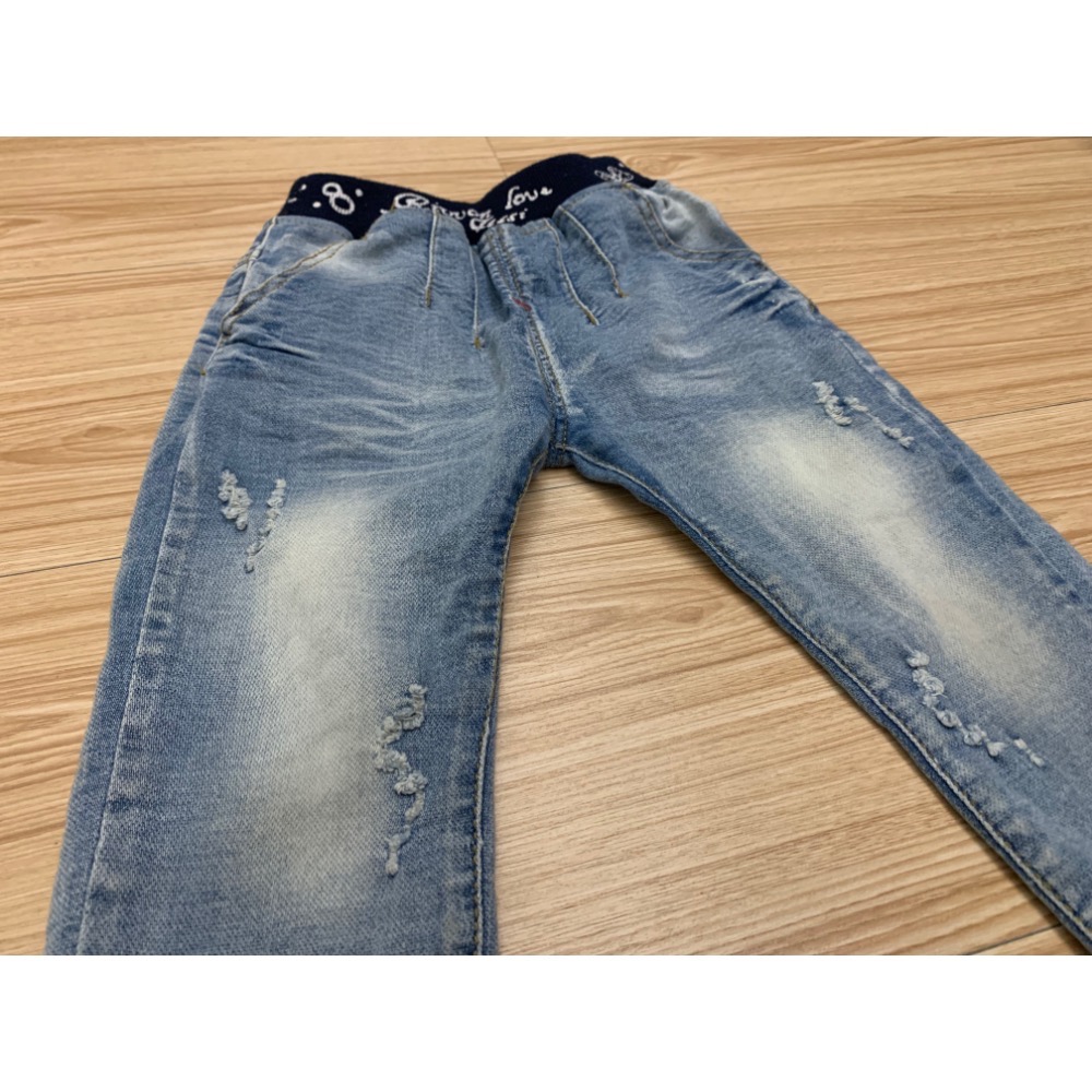 二手保存良好 兒童幼兒女童 刷色刷破蝴蝶結牛仔褲 約90cm 童裝-細節圖4