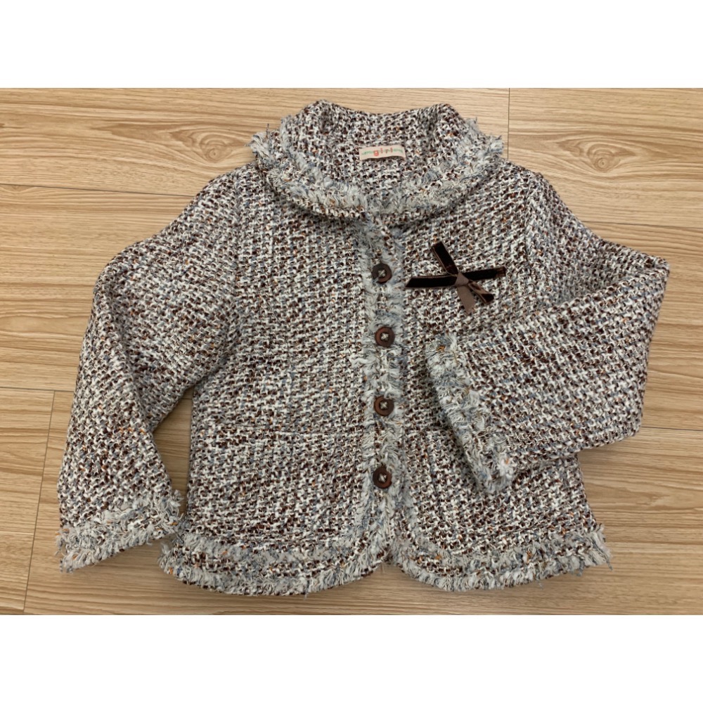 二手少穿很新 韓國 兒童幼兒女童男童 學院風毛呢針織抽鬚氣質外套 西裝外套 約100cm 童裝-細節圖4