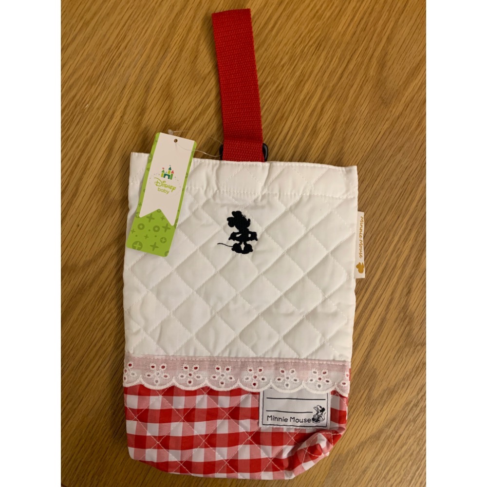 全新 日本 Disney 迪士尼 Minnie Mouse 米妮 菱格紋拼接布蕾絲電繡手提袋 尿布袋 水壺袋 吊牌未拆-細節圖2