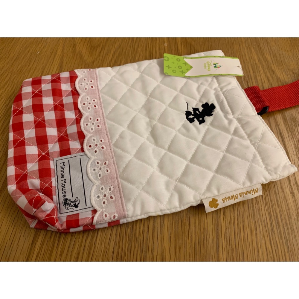 全新 日本 Disney 迪士尼 Minnie Mouse 米妮 菱格紋拼接布蕾絲電繡手提袋 尿布袋 水壺袋 吊牌未拆-細節圖4
