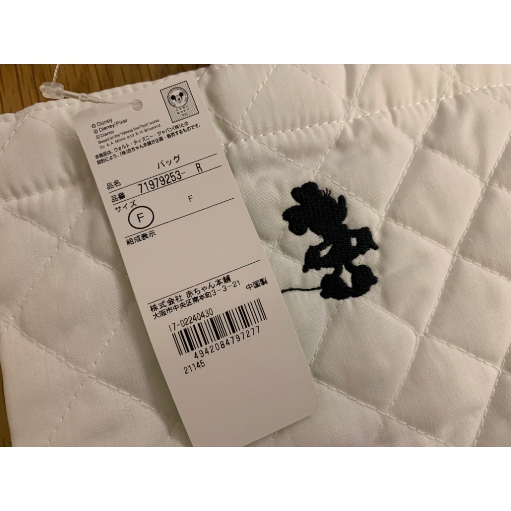全新 日本 Disney 迪士尼 Minnie Mouse 米妮 菱格紋拼接布蕾絲電繡手提袋 尿布袋 水壺袋 吊牌未拆-細節圖5