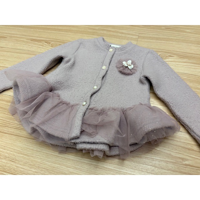 二手 兒童幼兒女童 下擺立體波浪拼接網紗小花毛料上衣 小外套 90cm 童裝-細節圖2