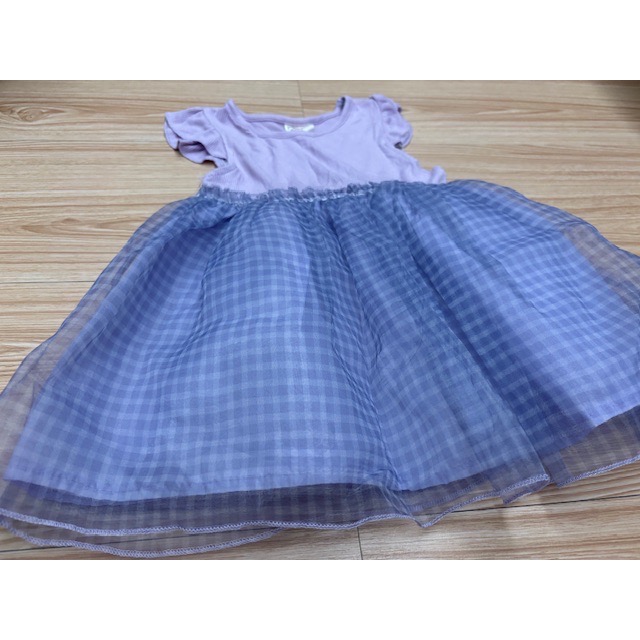 全新 兒童幼兒女童 飛袖坑條拼接格紋紗裙洋裝 約90cm 連身裙 童裝 蓬蓬裙-細節圖2