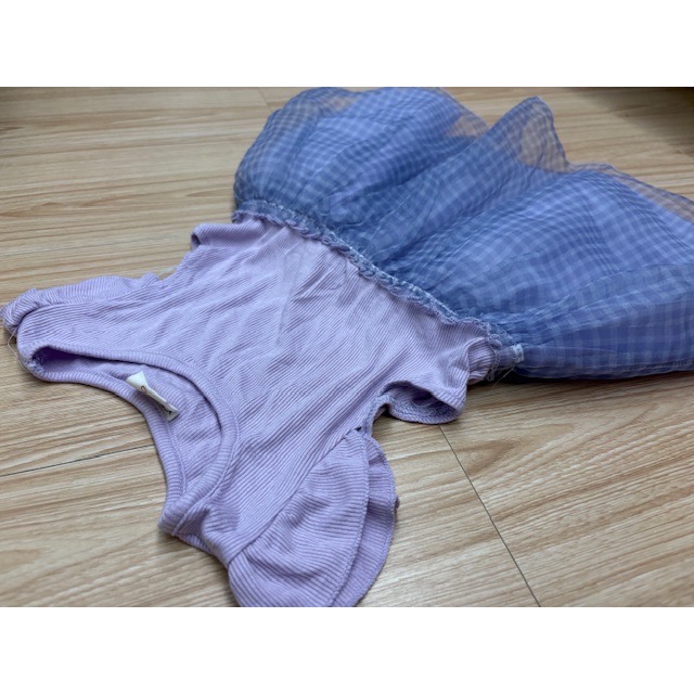 全新 兒童幼兒女童 飛袖坑條拼接格紋紗裙洋裝 約90cm 連身裙 童裝 蓬蓬裙-細節圖3