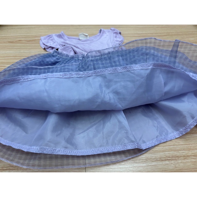 全新 兒童幼兒女童 飛袖坑條拼接格紋紗裙洋裝 約90cm 連身裙 童裝 蓬蓬裙-細節圖4