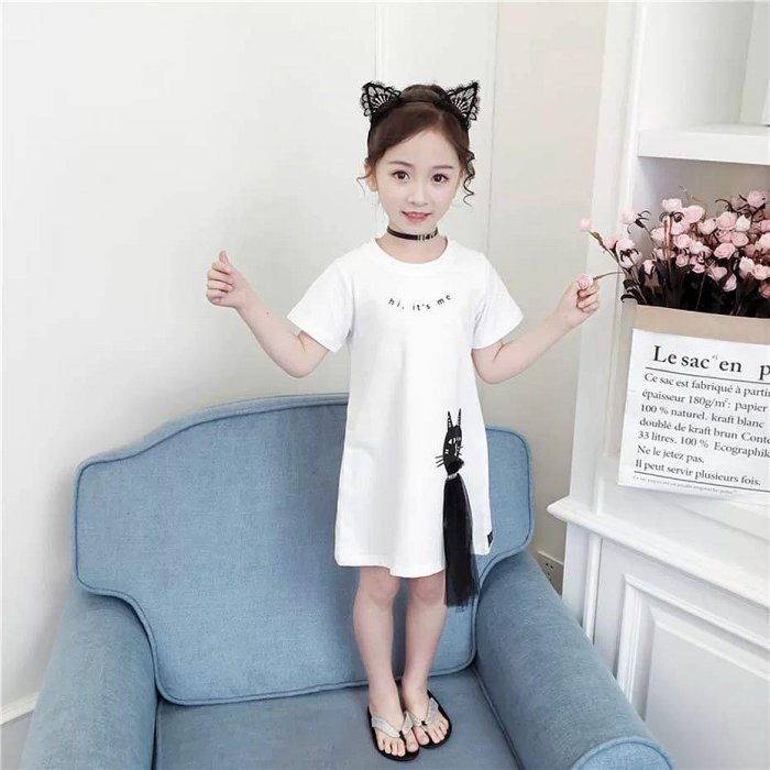 全新 Niki house 兒童幼兒女童 立體貓咪英文字長版衣 約90cm 連身裙 童裝-細節圖9