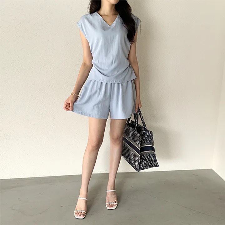 全新 涼感布料修身綁帶休閒上衣 + 短褲套裝 兩件式套裝-細節圖2