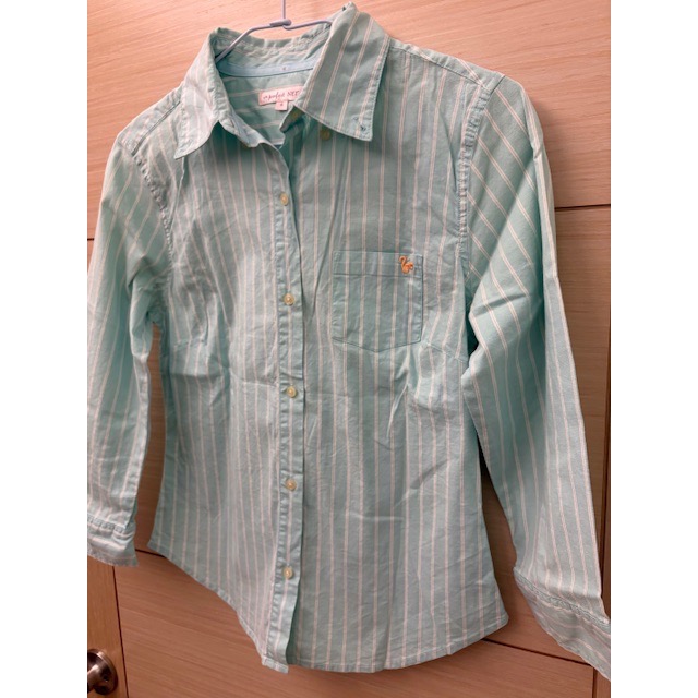 二手少穿 NET 松鼠刺繡條紋七分袖襯衫 粉綠色-細節圖2