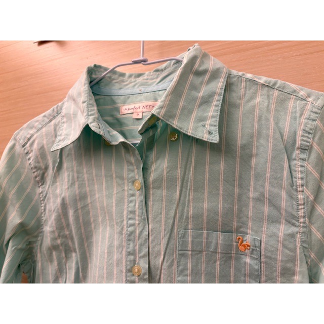 二手少穿 NET 松鼠刺繡條紋七分袖襯衫 粉綠色-細節圖4