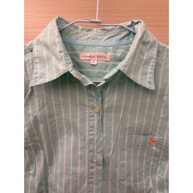 二手少穿 NET 松鼠刺繡條紋七分袖襯衫 粉綠色-細節圖6