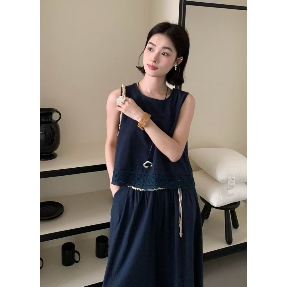 全新 背後簍空設計下擺燒花棉麻背心 + 棉麻寬褲 二件式套裝 吊牌未拆 褲裙-細節圖2