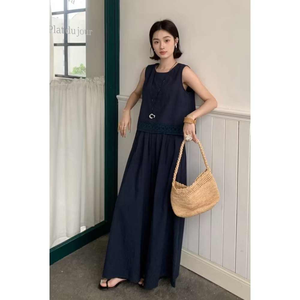 全新 背後簍空設計下擺燒花棉麻背心 + 棉麻寬褲 二件式套裝 吊牌未拆 褲裙-細節圖3