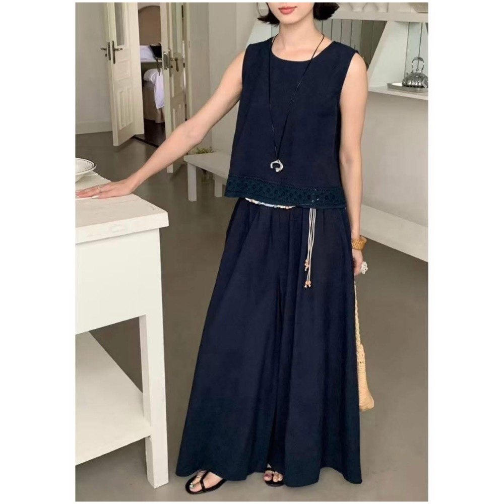 全新 背後簍空設計下擺燒花棉麻背心 + 棉麻寬褲 二件式套裝 吊牌未拆 褲裙-細節圖4