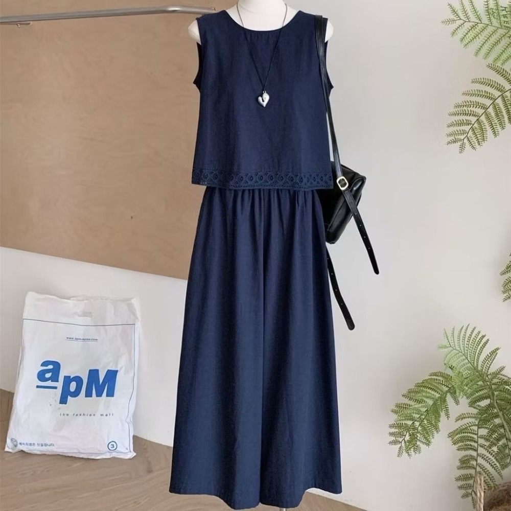 全新 背後簍空設計下擺燒花棉麻背心 + 棉麻寬褲 二件式套裝 吊牌未拆 褲裙-細節圖5