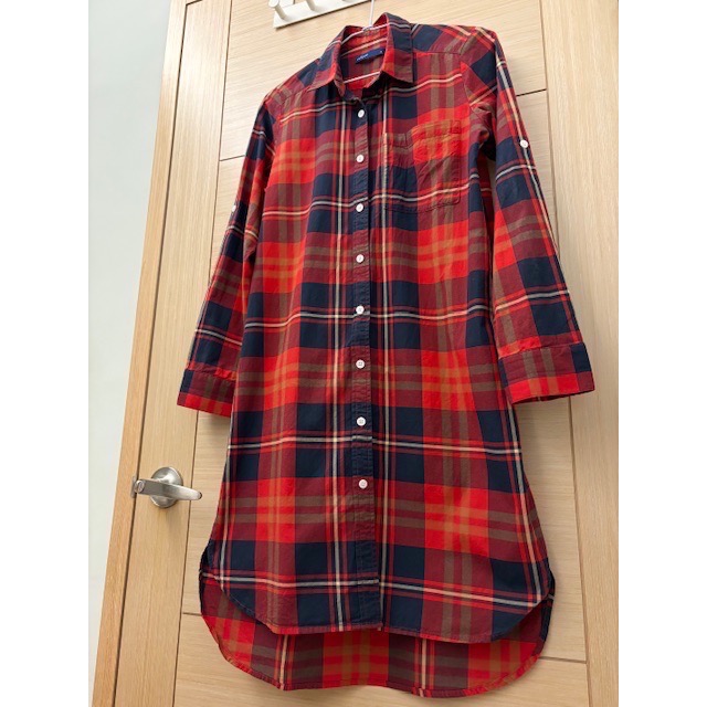 （客訂 Mingchen) 二手近全新 專櫃 olivo 經典格紋長版襯衫洋裝 排釦連身裙-細節圖2