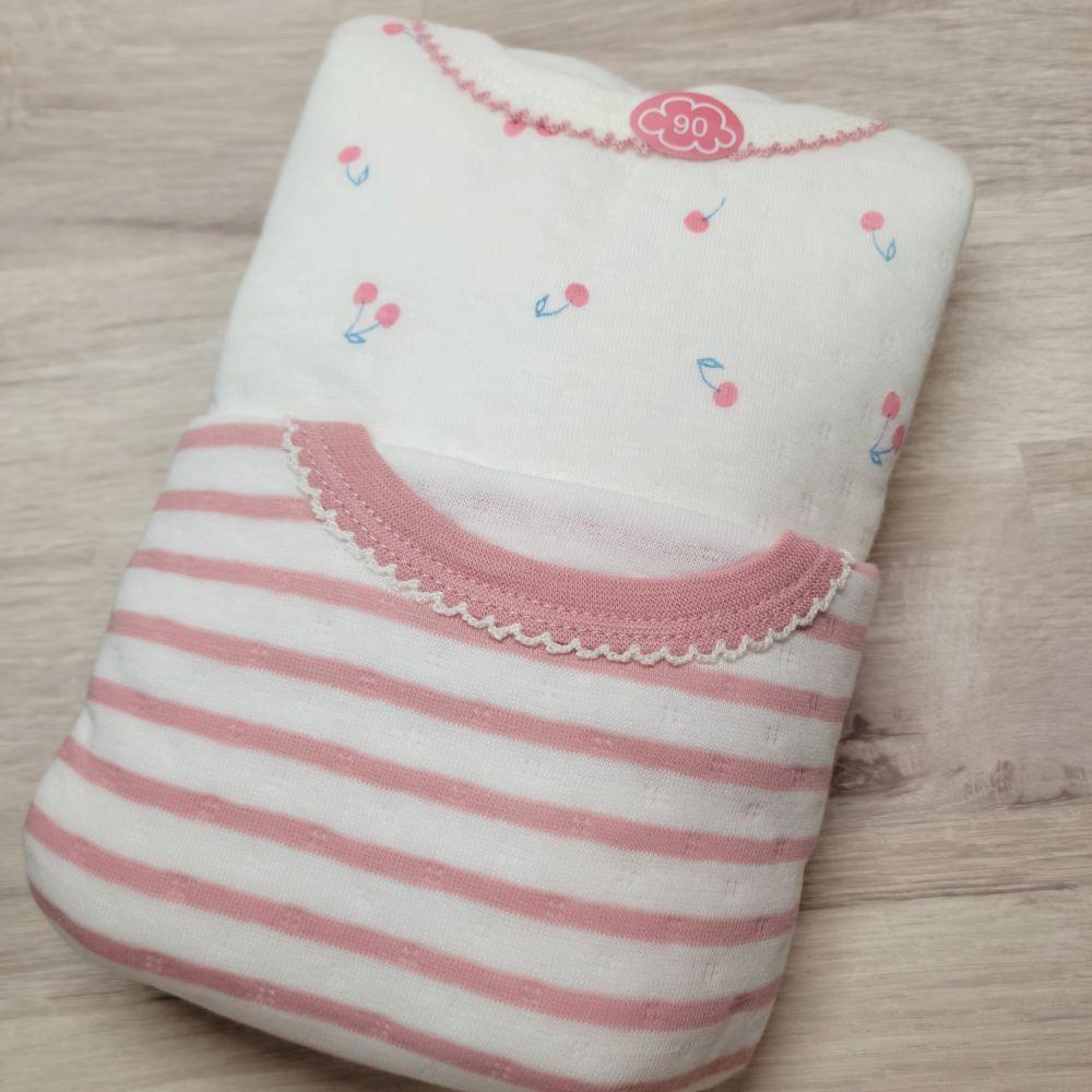 【現貨80cm 🚩日本童裝空運】CONTE DE FÉES 長袖包屁衣2件組厚款櫻桃 粉色條紋 女童 家居服 外穿-細節圖2