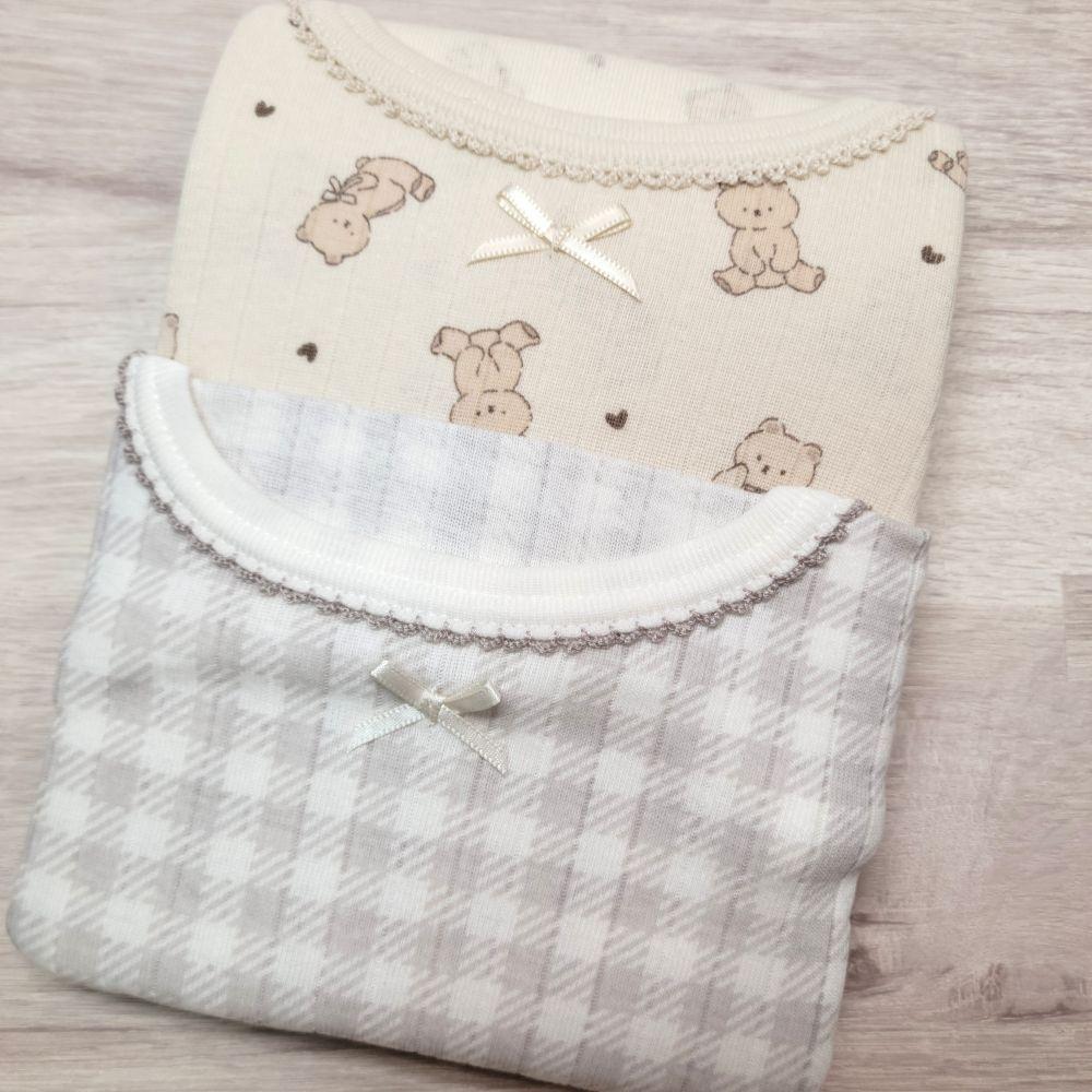 【90cm🍭日本空運童裝】日本進口 秋冬有機棉ORGANIC COTTON長袖上衣2件組 小熊 灰格子 居家-細節圖2