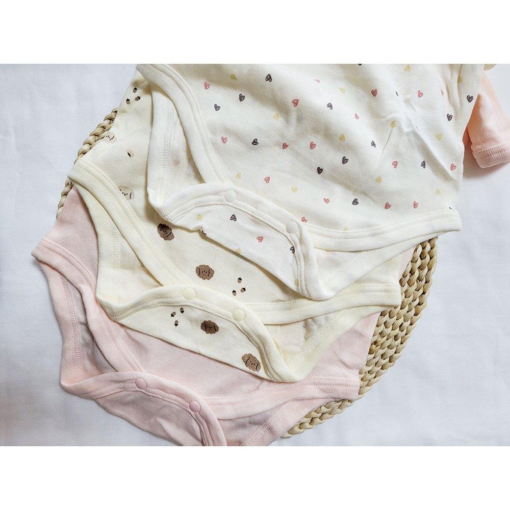 【🍭70cm | 80cm | 90cm】新生兒短袖包屁衣 3件組 100%純棉 日本西松屋 愛心 小狗 粉色 親膚-細節圖5