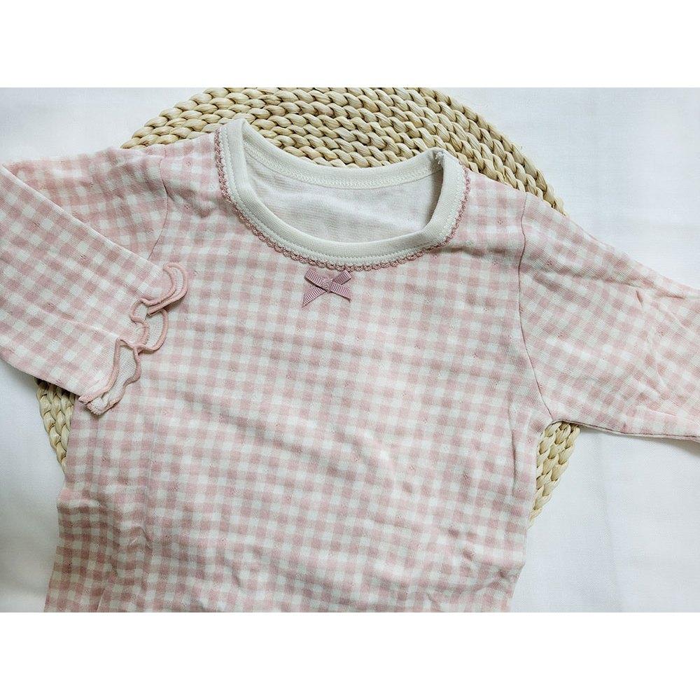 【秋季新品🍭80公分】日本進口 mamaraku 長袖包屁衣2件組 格紋款 粉色 檸檬黃 蝴蝶結 圓領日本童裝 薄款長袖-細節圖4
