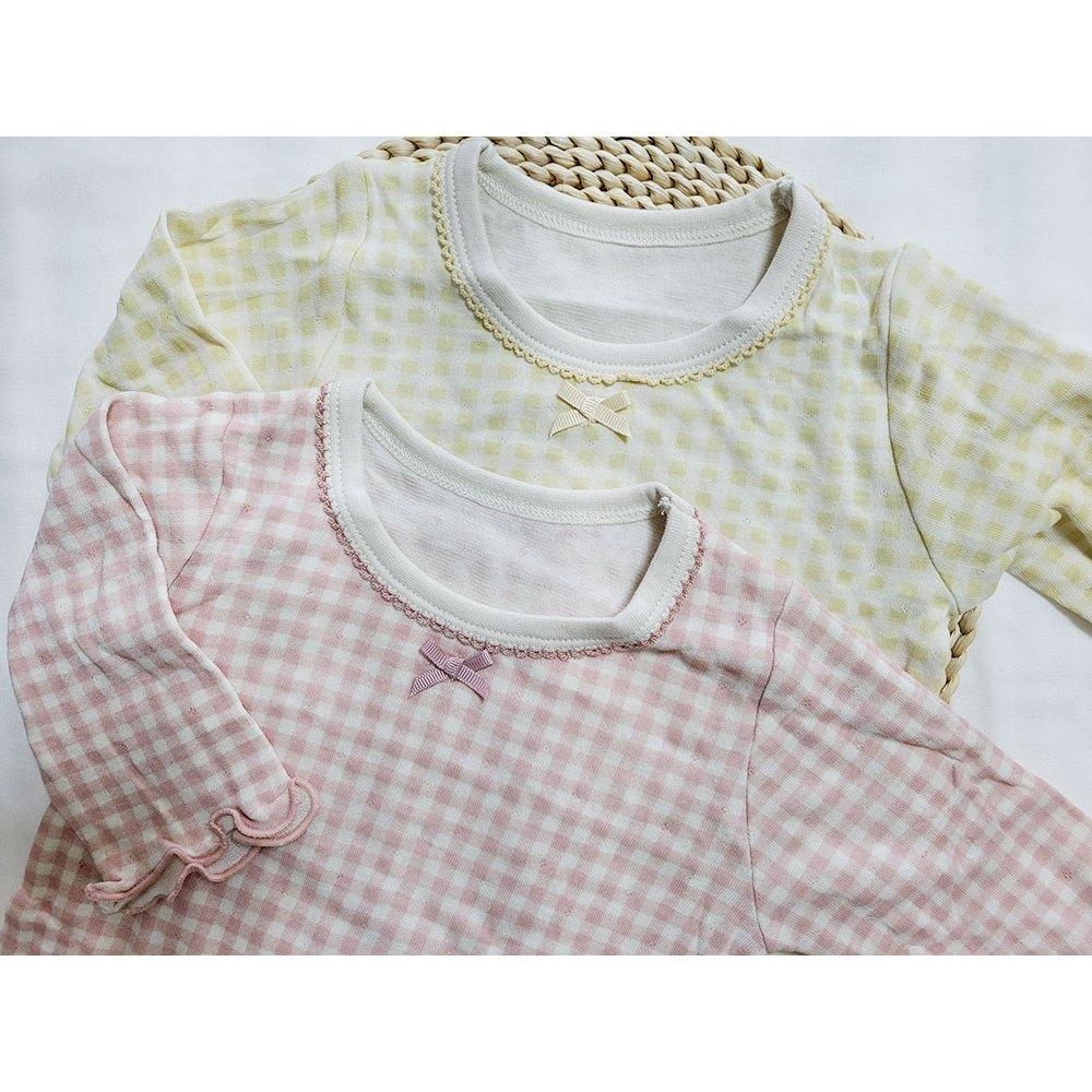 【秋季新品🍭90公分】日本進口 mamaraku 長袖上衣2件組 格紋款 粉色 檸檬黃 蝴蝶結 圓領日本童裝 薄款長袖-細節圖2