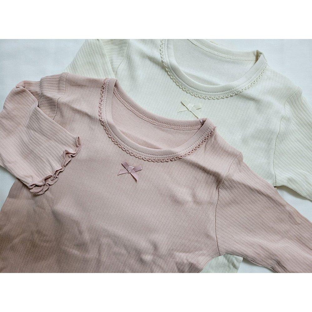 【秋季新品🍭80公分】日本進口 mamaraku 長袖上衣2件組 素面 乾燥粉 白色 蝴蝶結 圓領日本童裝 薄款 內搭-細節圖2