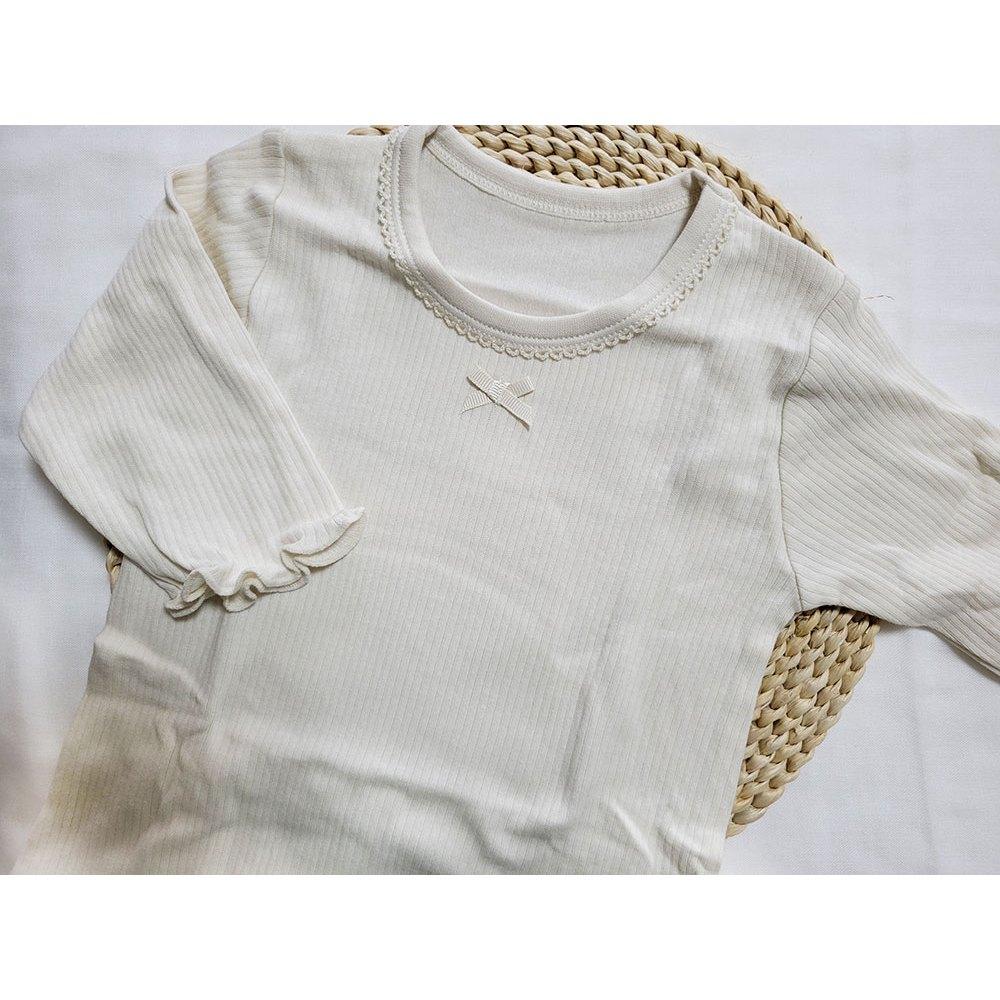 【秋季新品🍭80公分】日本進口 mamaraku 長袖上衣2件組 素面 乾燥粉 白色 蝴蝶結 圓領日本童裝 薄款 內搭-細節圖3