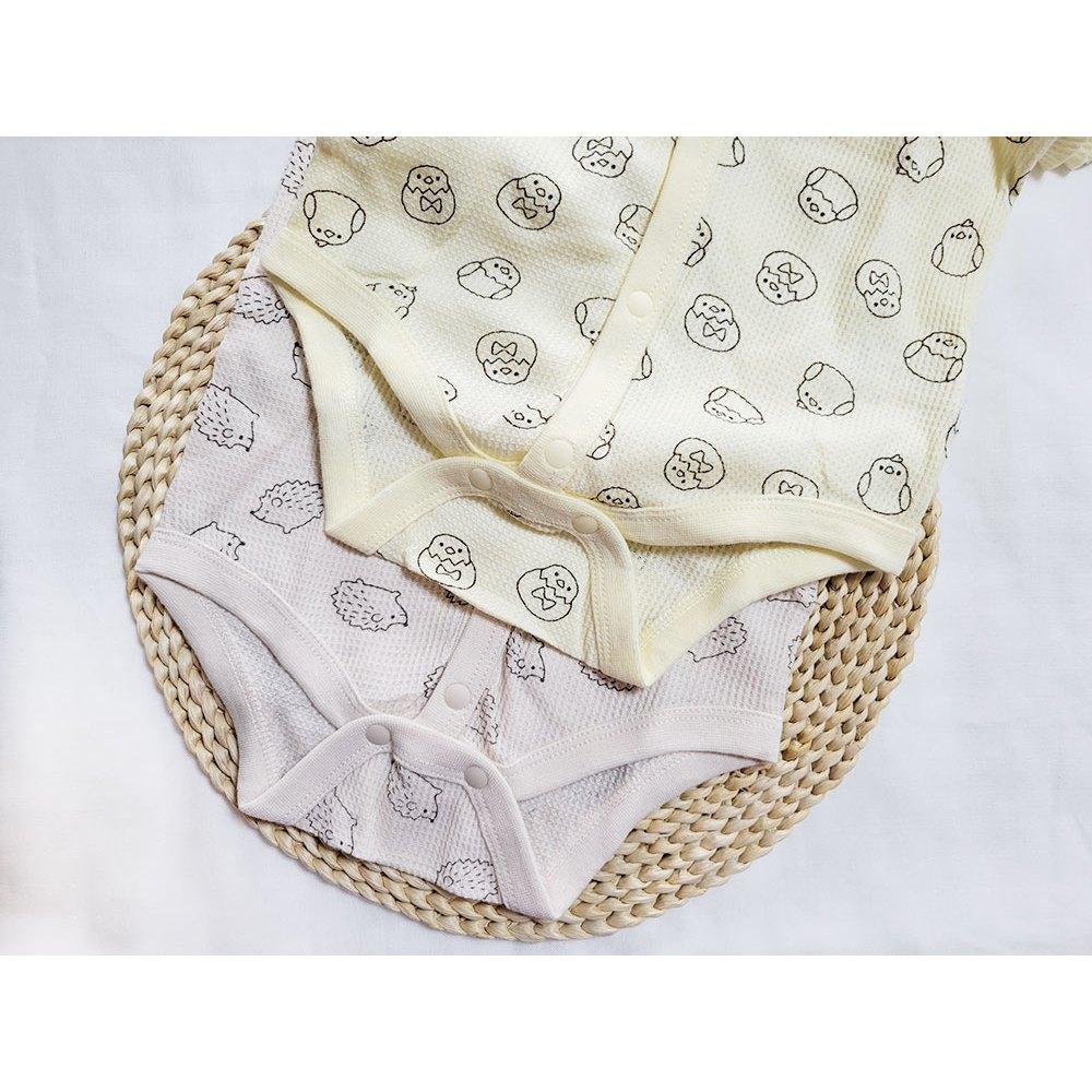 【🍭60cm | 70cm | 80cm】前開式 開襟短袖包屁衣 2件組 100%純棉 日本西松屋 奶茶刺蝟 米黃小雞-細節圖4
