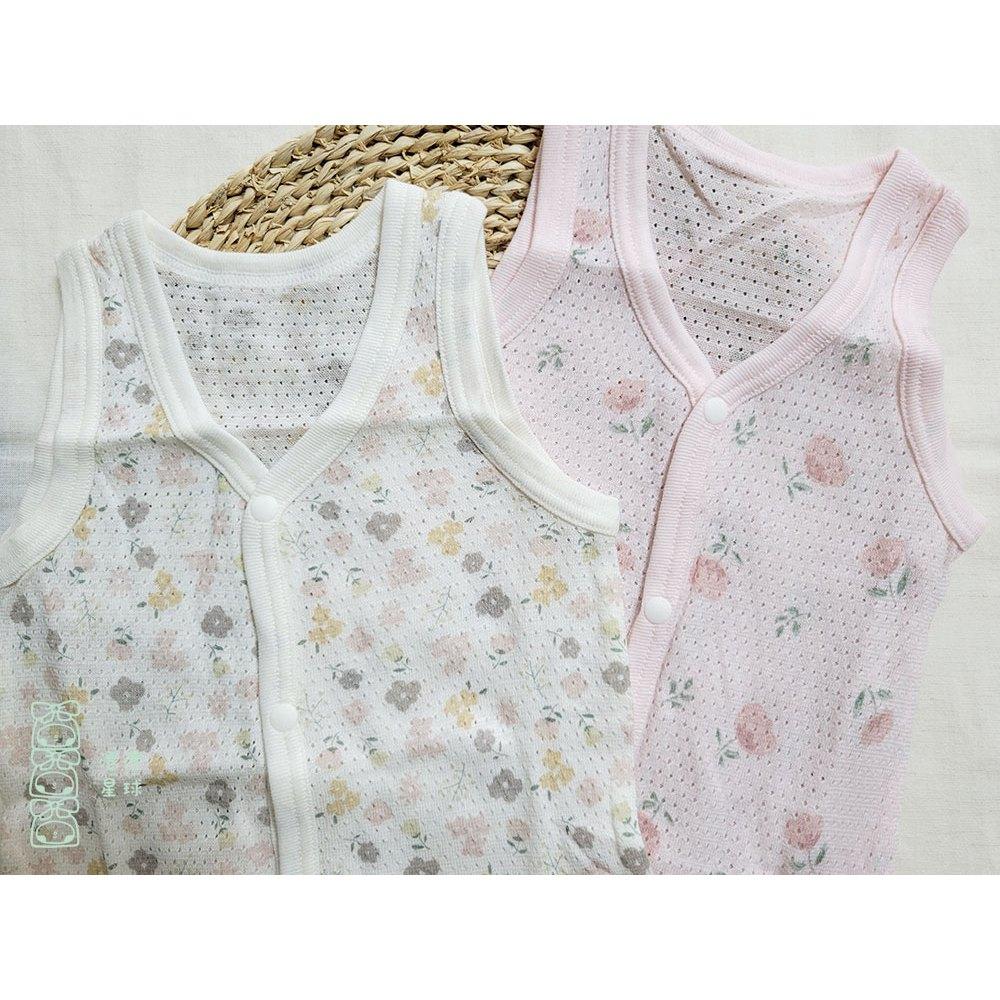 【70cm🍭80cm】日本進口 春夏有機棉ORGANIC COTTON無袖網眼包屁衣2件組 前開扣 小花 粉色 日本童裝-細節圖2