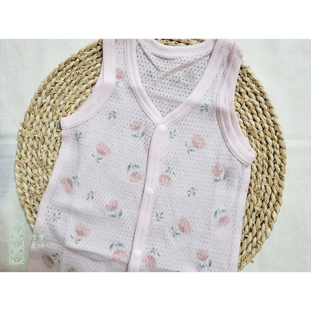 【70cm🍭80cm】日本進口 春夏有機棉ORGANIC COTTON無袖網眼包屁衣2件組 前開扣 小花 粉色 日本童裝-細節圖3